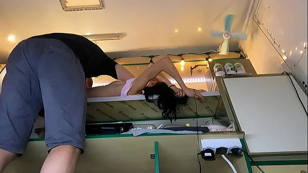 The boss is fixing sexy shop assistant's panties and licking her tits, ass and pussy before work