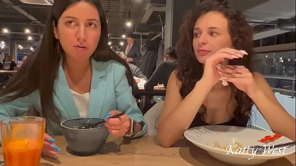 Two shameless chicks have lunch without panties at the mall in public