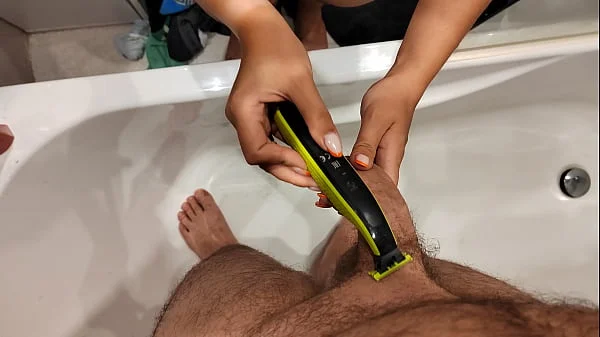 The new job of my sexy wife. Helps to shave penis and give handjob